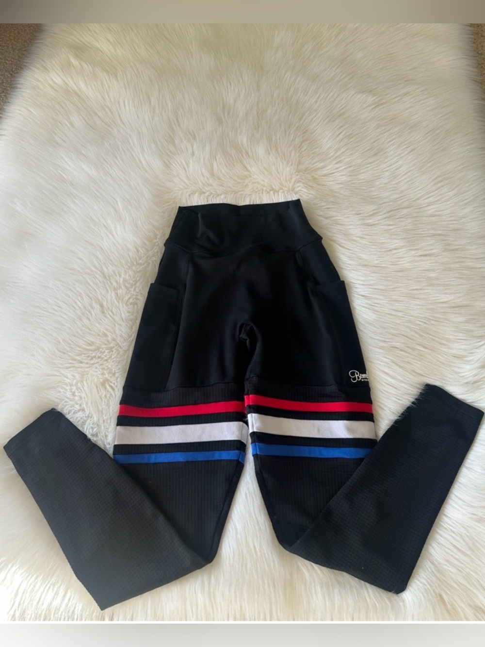 Bombshell Sportswear Leggings with Red, White & Blue Stripes. SCRUNCH. Small.